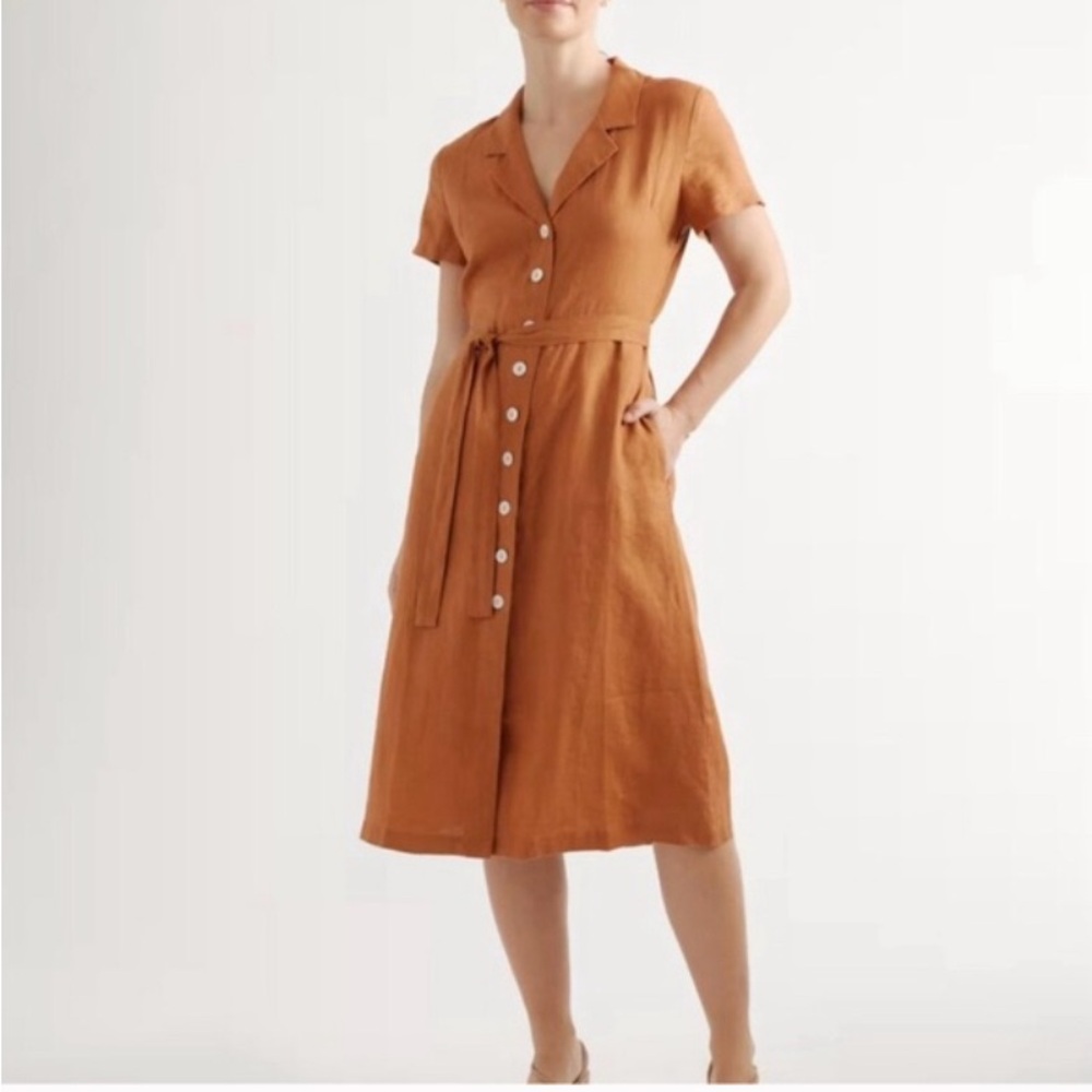 NWT Quince 100% European Linen Button Front Dress Terracotta Color XS